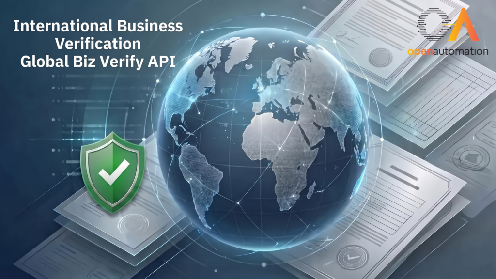 Globe surrounded by official company records and a verified shield, International Business Verification, Global Biz Verify API